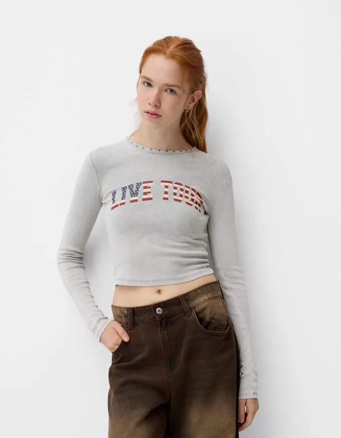 Tricou cu mânecă lungă imprimat cu nervuri, cu știfturi Tricou cu mânecă lungă imprimat cu nervuri, cu știfturi
