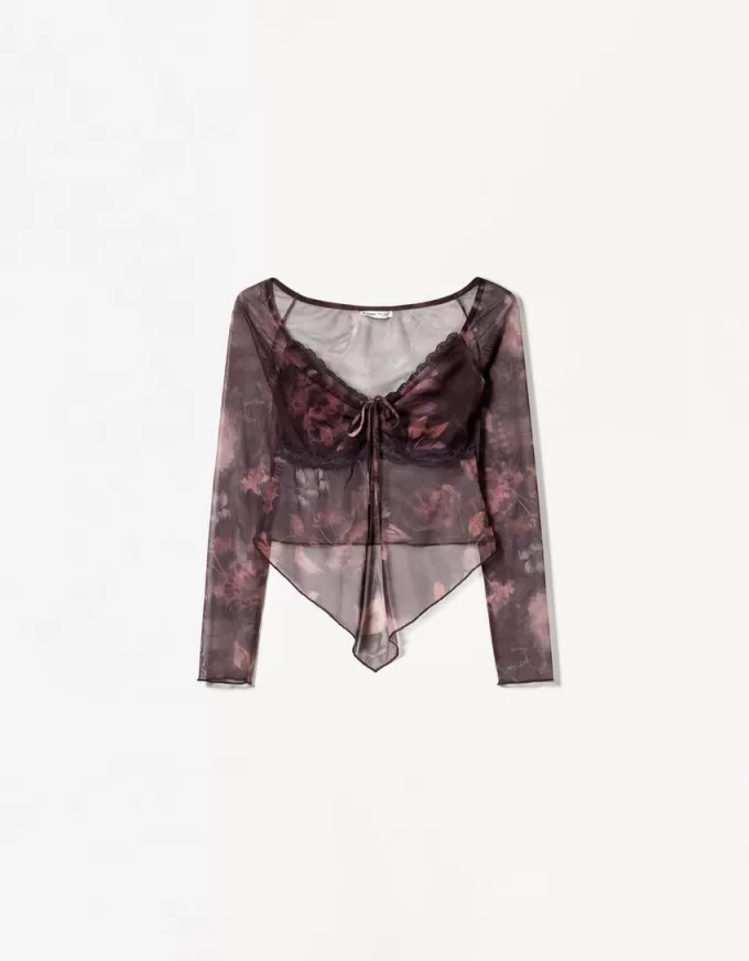 Tricou cu mânecă lungă imprimat cu tul Tricou cu mânecă lungă imprimat cu tul