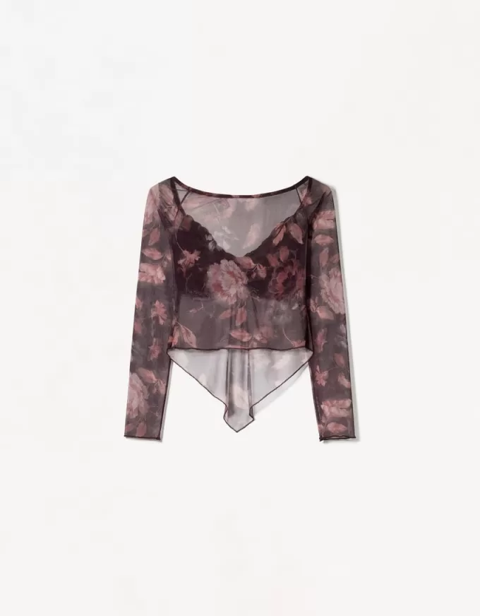 Tricou cu mânecă lungă imprimat cu tul Tricou cu mânecă lungă imprimat cu tul