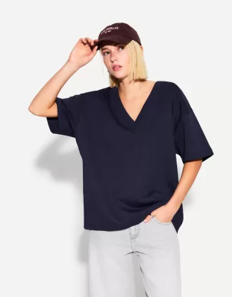 Tricou cu mânecă scurtă cu decolteu în V din bumbac greu
