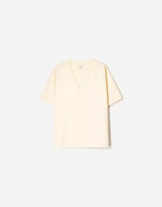Tricou cu mânecă scurtă cu decolteu în V din bumbac greu Tricou cu mânecă scurtă cu decolteu în V din bumbac greu