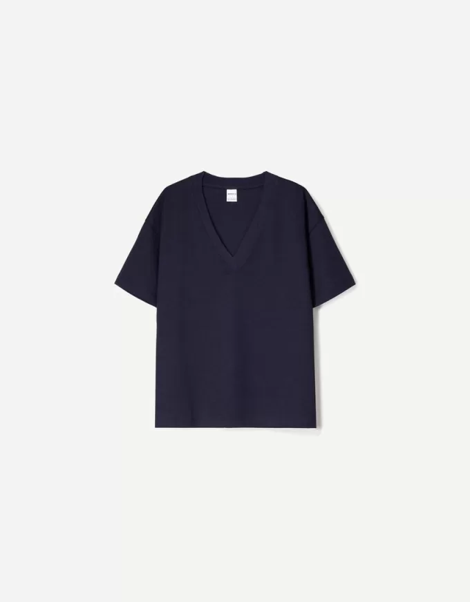 Tricou cu mânecă scurtă cu decolteu în V din bumbac greu Tricou cu mânecă scurtă cu decolteu în V din bumbac greu