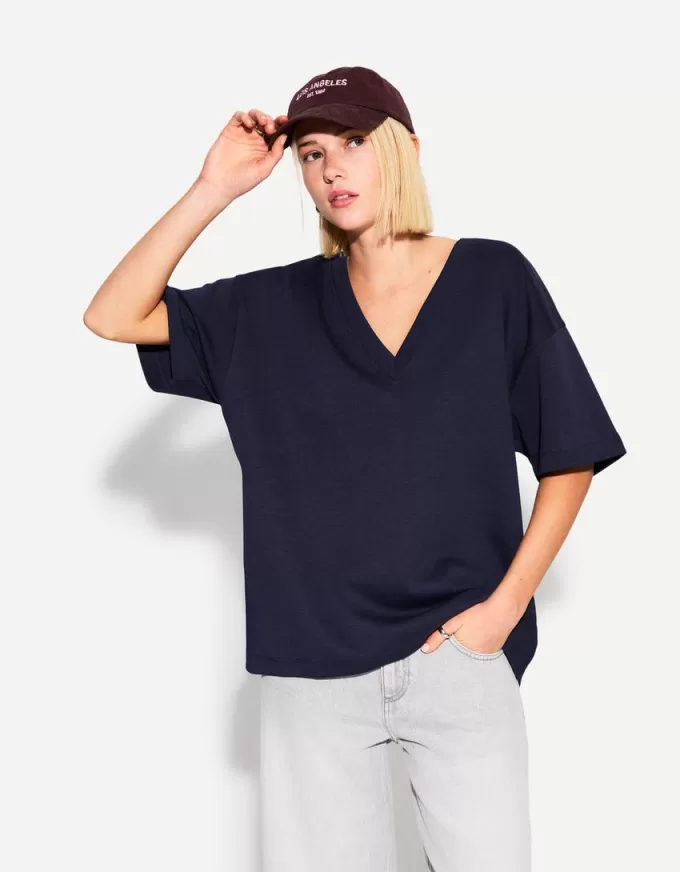 Tricou cu mânecă scurtă cu decolteu în V din bumbac greu Tricou cu mânecă scurtă cu decolteu în V din bumbac greu