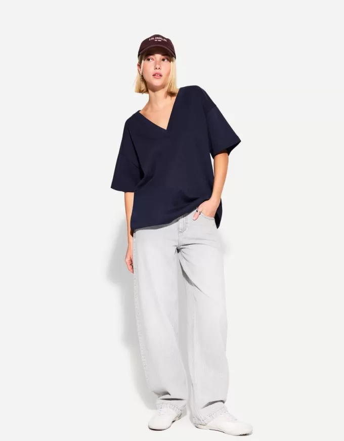 Tricou cu mânecă scurtă cu decolteu în V din bumbac greu Tricou cu mânecă scurtă cu decolteu în V din bumbac greu