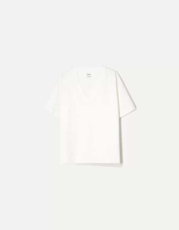 Tricou cu mânecă scurtă cu decolteu în V din bumbac greu Tricou cu mânecă scurtă cu decolteu în V din bumbac greu