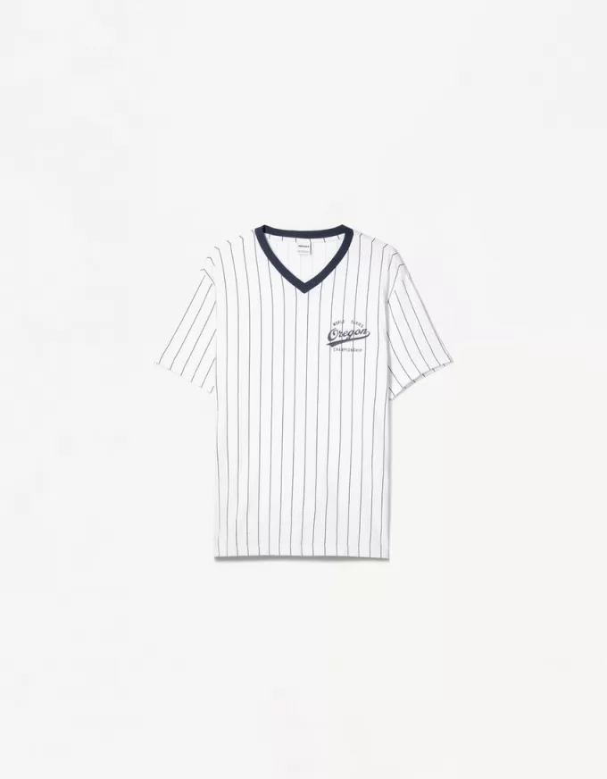 Tricou cu mânecă scurtă cu dungi sport cu imprimeu Tricou cu mânecă scurtă cu dungi sport cu imprimeu