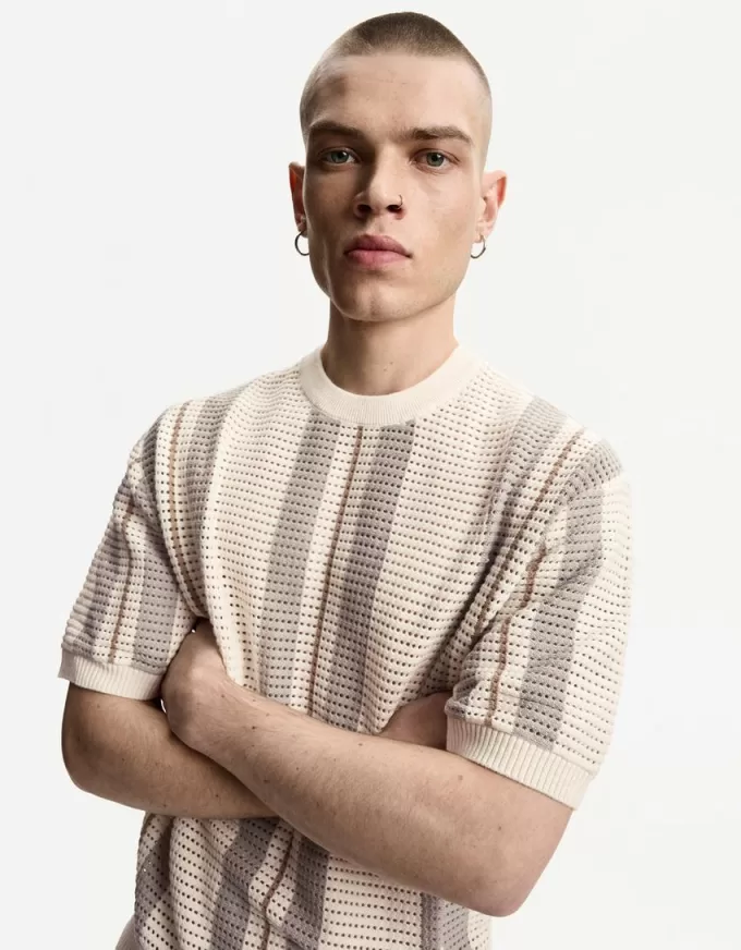 Tricou cu mânecă scurtă cu dungi texturate Tricou cu mânecă scurtă cu dungi texturate