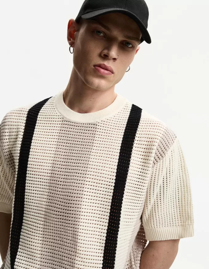 Tricou cu mânecă scurtă cu dungi texturate Tricou cu mânecă scurtă cu dungi texturate