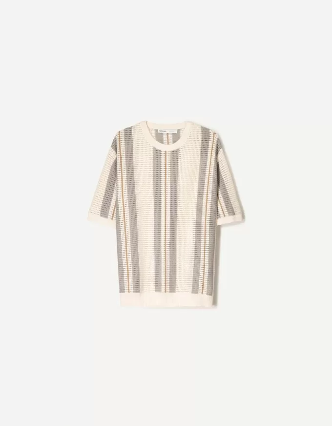 Tricou cu mânecă scurtă cu dungi texturate Tricou cu mânecă scurtă cu dungi texturate