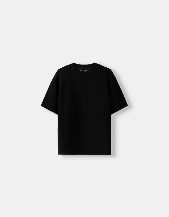 Tricou cu mânecă scurtă cu dungi texturate Tricou cu mânecă scurtă cu dungi texturate