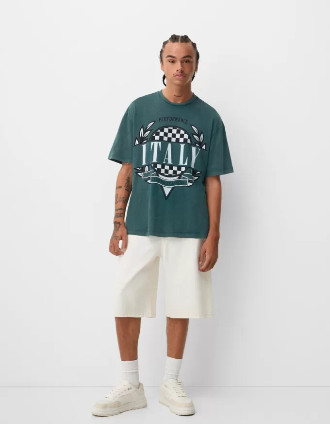 Tricou cu mânecă scurtă cu efect decolorat și imprimeu Tricou cu mânecă scurtă cu efect decolorat și imprimeu