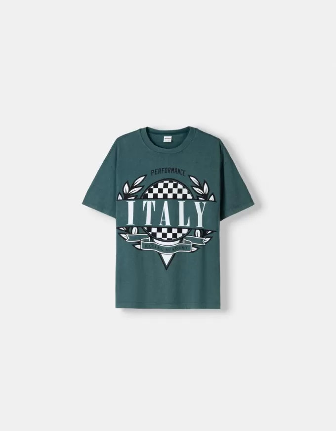 Tricou cu mânecă scurtă cu efect decolorat și imprimeu Tricou cu mânecă scurtă cu efect decolorat și imprimeu