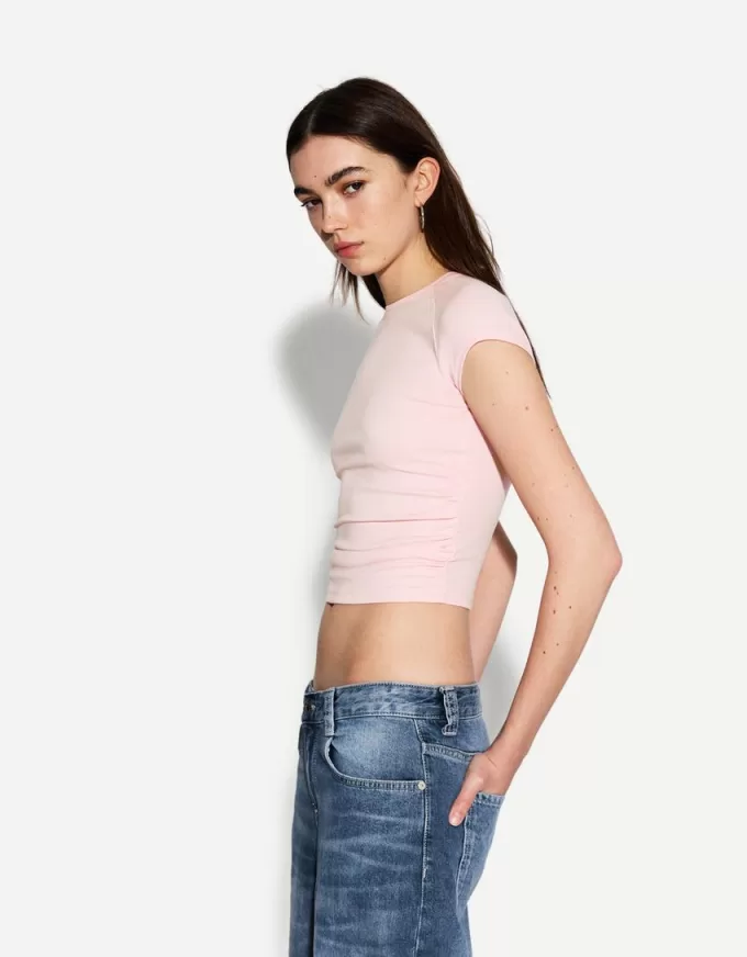Tricou cu mânecă scurtă cu încrețire laterală Tricou cu mânecă scurtă cu încrețire laterală