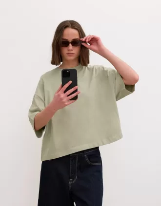 Tricou cu mânecă scurtă, din bumbac greu, în formă boxy