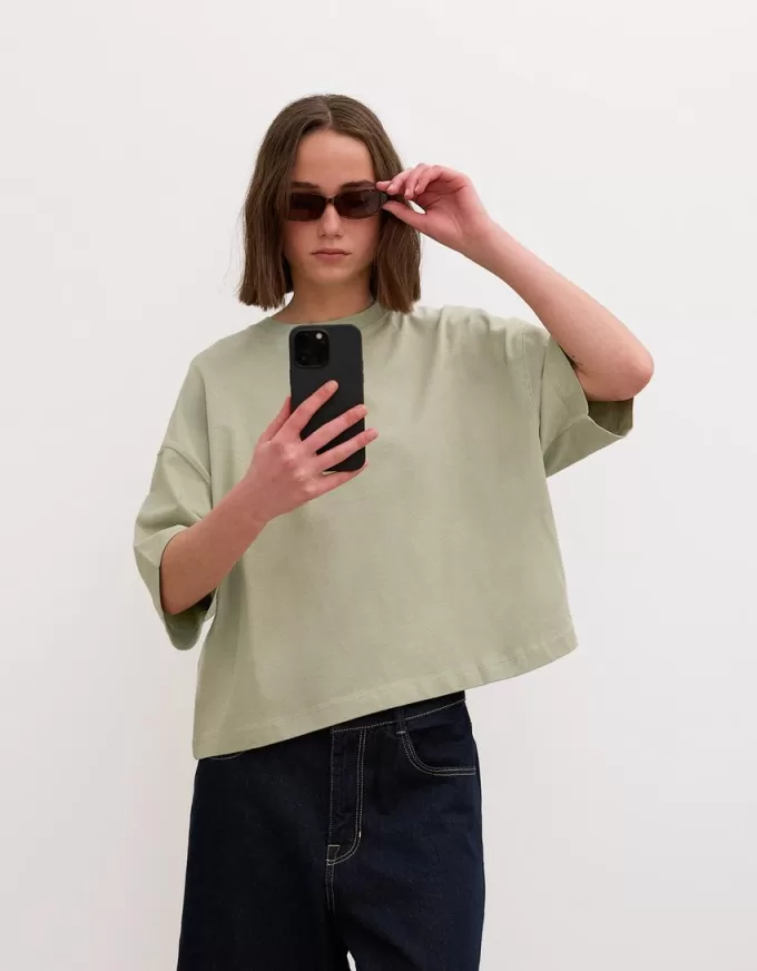 Tricou cu mânecă scurtă, din bumbac greu, în formă boxy Tricou cu mânecă scurtă, din bumbac greu, în formă boxy