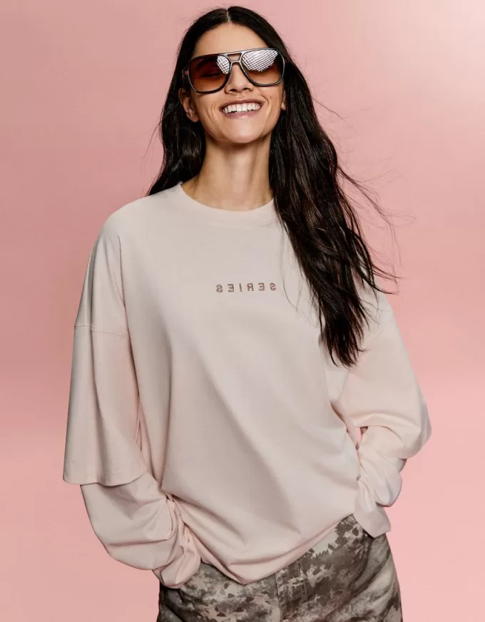 Tricou cu mâneci duble cu imprimeu BERSHKA SERIES Tricou cu mâneci duble cu imprimeu BERSHKA SERIES