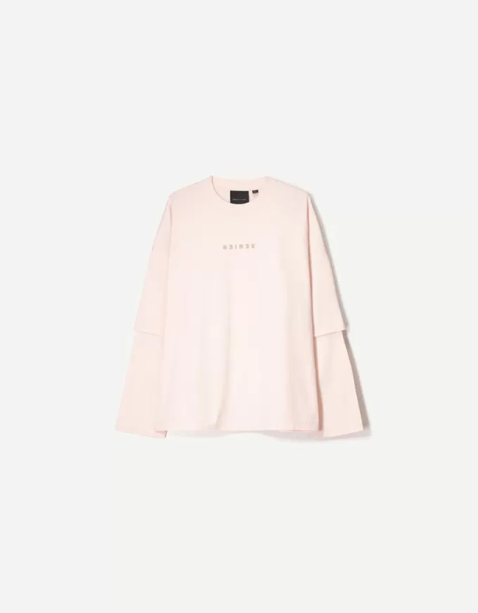 Tricou cu mâneci duble cu imprimeu BERSHKA SERIES Tricou cu mâneci duble cu imprimeu BERSHKA SERIES