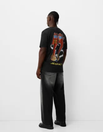 Tricou decolorat cu mânecă scurtă cu imprimeu AC/DC