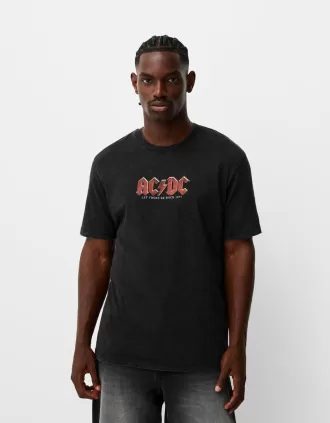 Tricou decolorat cu mânecă scurtă cu imprimeu AC/DC