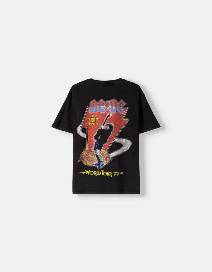 Tricou decolorat cu mânecă scurtă cu imprimeu AC/DC Tricou decolorat cu mânecă scurtă cu imprimeu AC/DC