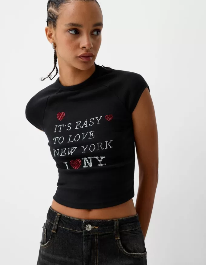 Tricou decupat cu mânecă scurtă, cu imprimeu Tricou decupat cu mânecă scurtă, cu imprimeu
