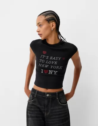 Tricou decupat cu mânecă scurtă, cu imprimeu