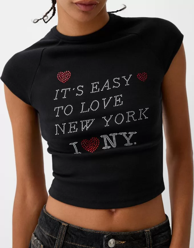 Tricou decupat cu mânecă scurtă, cu imprimeu Tricou decupat cu mânecă scurtă, cu imprimeu