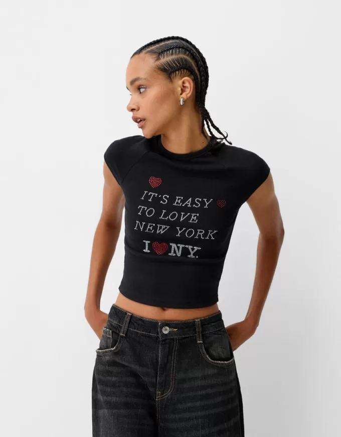 Tricou decupat cu mânecă scurtă, cu imprimeu Tricou decupat cu mânecă scurtă, cu imprimeu