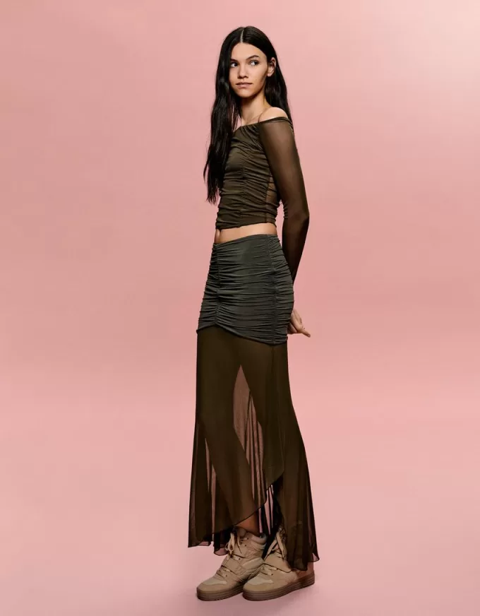 Tricou din tul adunat cu mânecă lungă BERSHKA SERIES