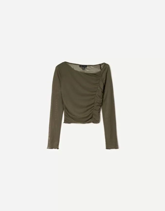 Tricou din tul adunat cu mânecă lungă BERSHKA SERIES
