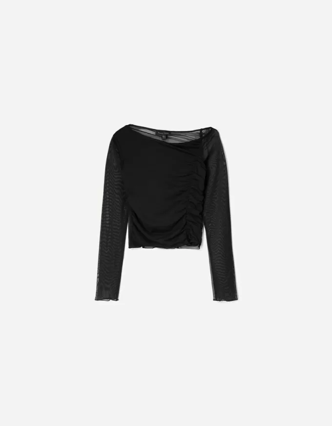 Tricou din tul adunat cu mânecă lungă BERSHKA SERIES Tricou din tul adunat cu mânecă lungă BERSHKA SERIES