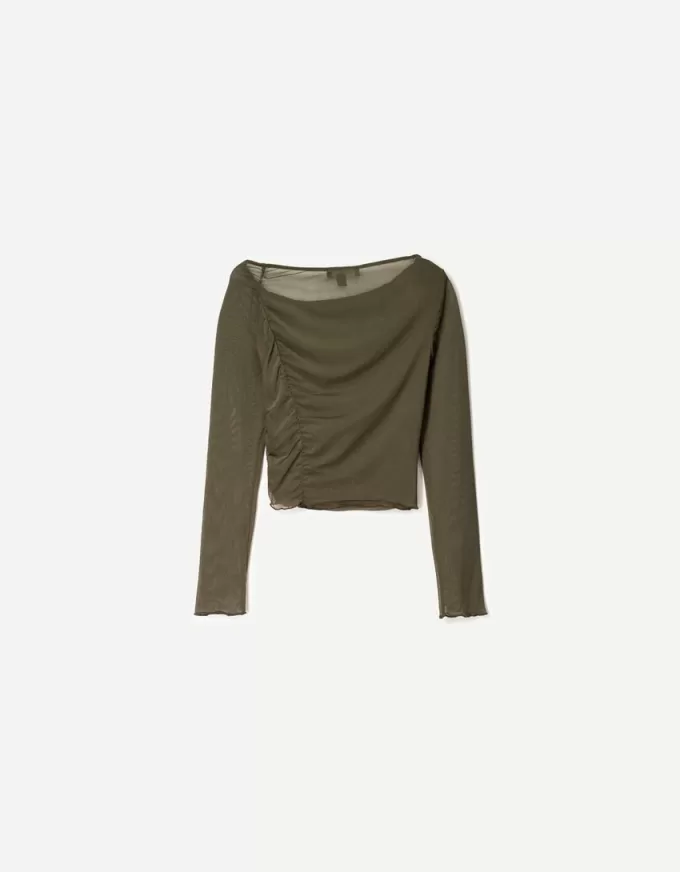 Tricou din tul adunat cu mânecă lungă BERSHKA SERIES