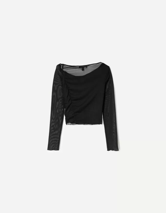 Tricou din tul adunat cu mânecă lungă BERSHKA SERIES Tricou din tul adunat cu mânecă lungă BERSHKA SERIES