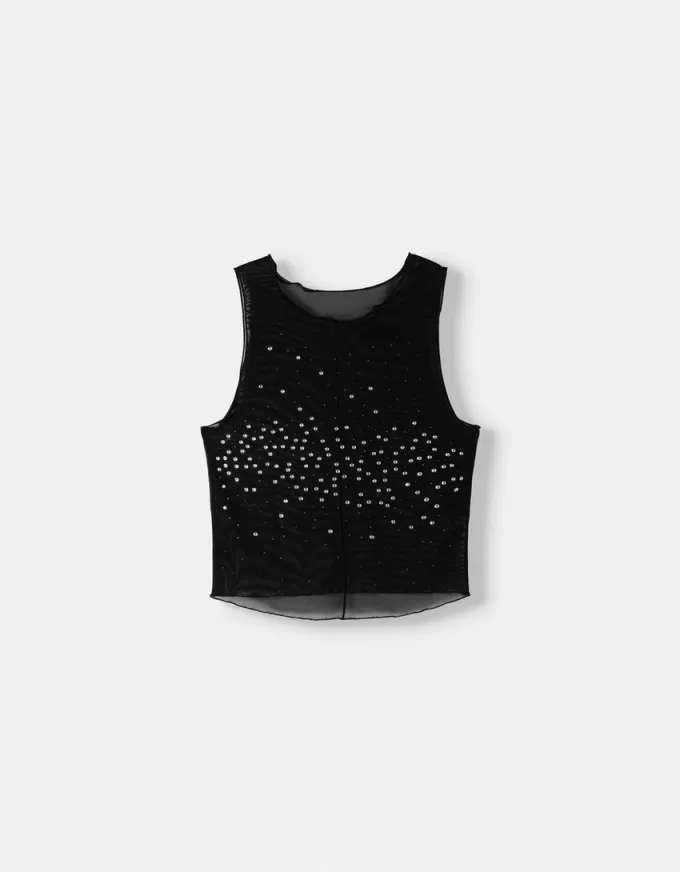 Tricou fără mâneci din tul cu strasuri