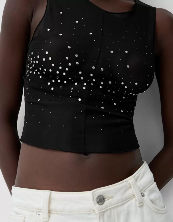 Tricou fără mâneci din tul cu strasuri