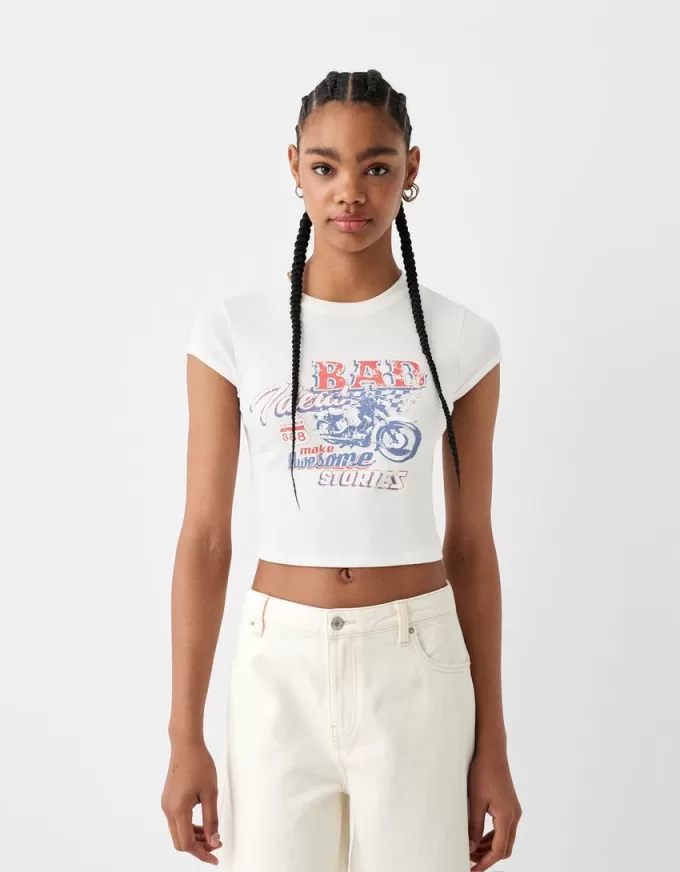 Tricou imprimat cu maneca scurta cu bretele la spate Tricou imprimat cu maneca scurta cu bretele la spate