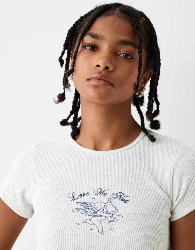 Tricou imprimat cu mânecă scurtă din tricot waffle Tricou imprimat cu mânecă scurtă din tricot waffle