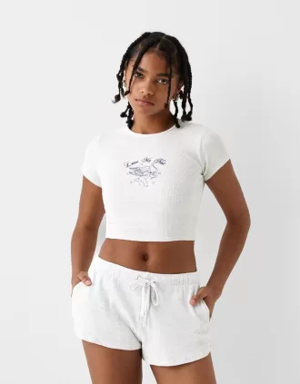 Tricou imprimat cu mânecă scurtă din tricot waffle