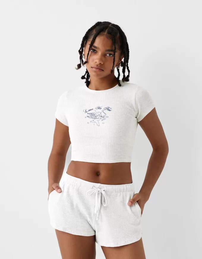 Tricou imprimat cu mânecă scurtă din tricot waffle Tricou imprimat cu mânecă scurtă din tricot waffle