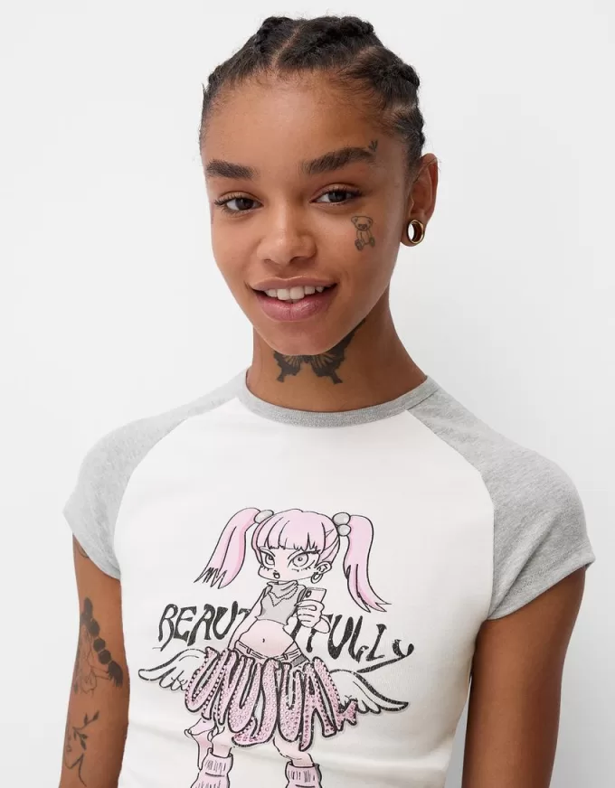 Tricou imprimat cu mâneci raglan scurte Tricou imprimat cu mâneci raglan scurte