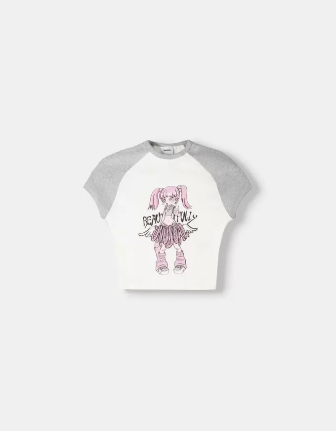 Tricou imprimat cu mâneci raglan scurte Tricou imprimat cu mâneci raglan scurte
