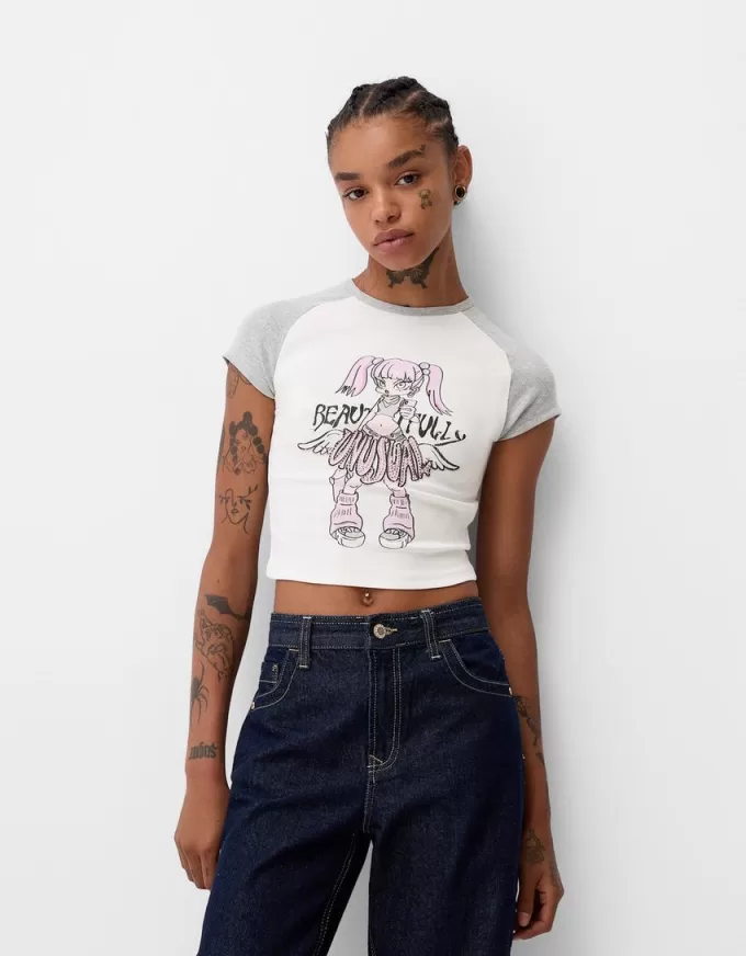 Tricou imprimat cu mâneci raglan scurte Tricou imprimat cu mâneci raglan scurte