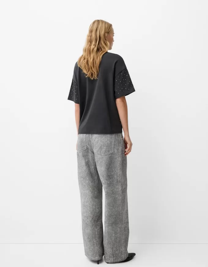 Tricou oversize cu mânecă scurtă din strass Tricou oversize cu mânecă scurtă din strass