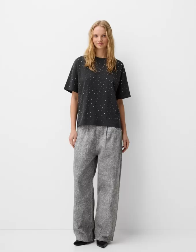 Tricou oversize cu mânecă scurtă din strass Tricou oversize cu mânecă scurtă din strass