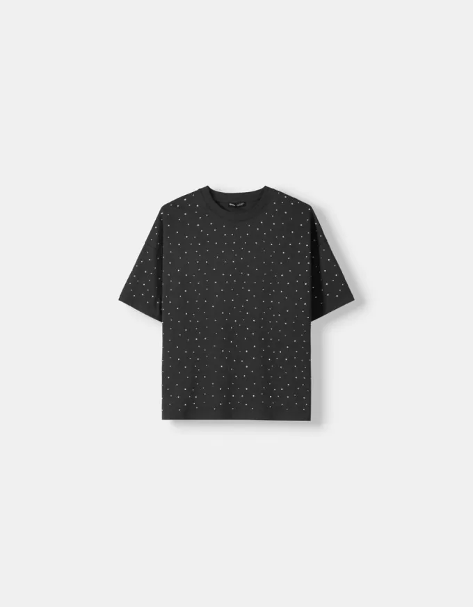 Tricou oversize cu mânecă scurtă din strass Tricou oversize cu mânecă scurtă din strass