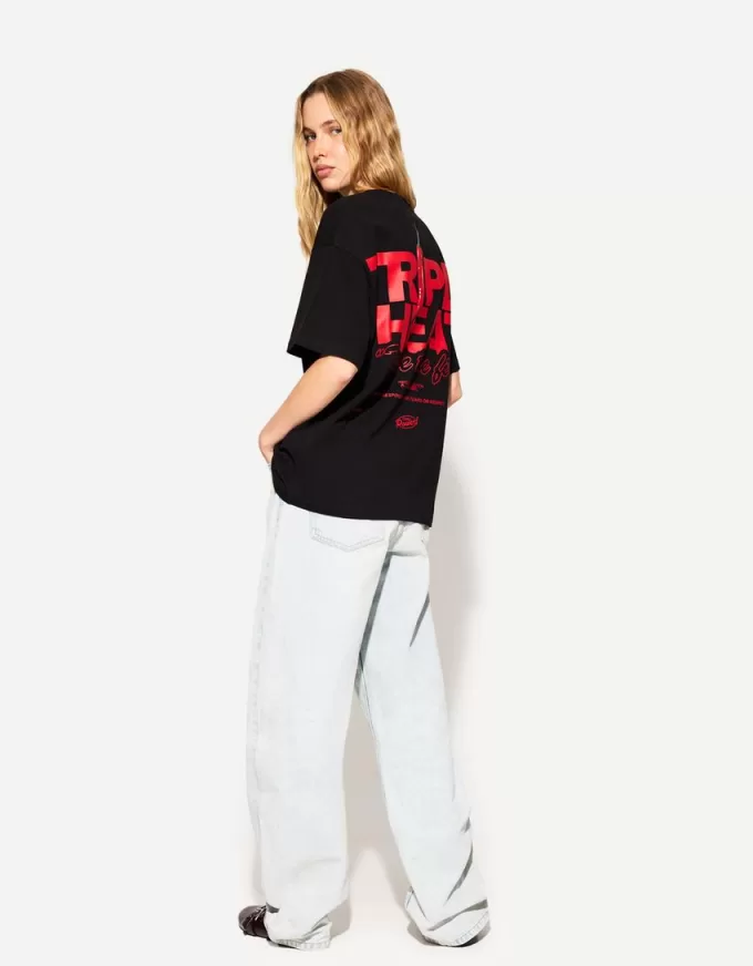 Tricou oversize imprimat cu maneca scurta Tricou oversize imprimat cu maneca scurta