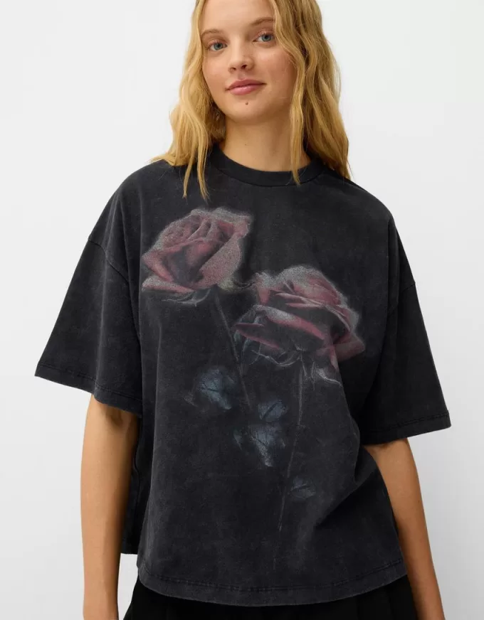 Tricou oversize imprimat cu maneca scurta Tricou oversize imprimat cu maneca scurta