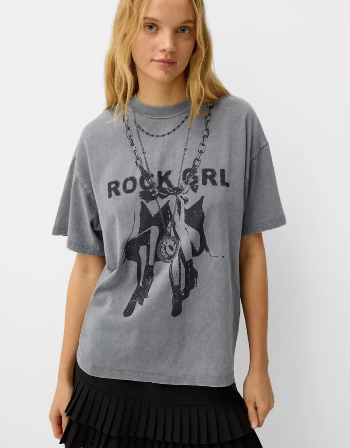Tricou oversize imprimat cu maneca scurta Tricou oversize imprimat cu maneca scurta