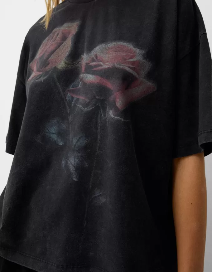 Tricou oversize imprimat cu maneca scurta Tricou oversize imprimat cu maneca scurta