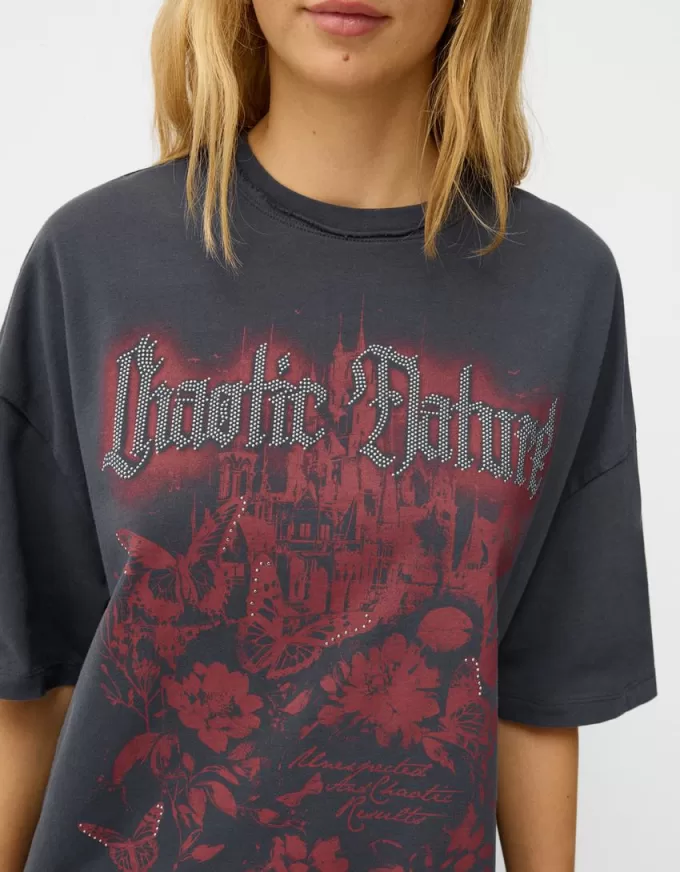 Tricou oversize imprimat cu maneca scurta Tricou oversize imprimat cu maneca scurta